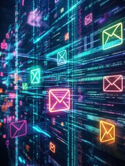 Poster - abstract digital artwork presenting email marketing symbols growth metrics and animated data flows highlighted by neon colors and dynamic patterns conveying a sense of conne