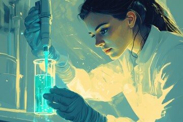 Aufkleber - A female scientist meticulously pipettes a glowing cyan liquid into a beaker, engrossed in her research.