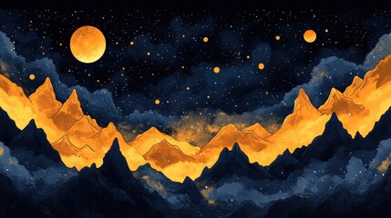 Wall Mural - Golden mountains under a starry night sky with celestial bodies.