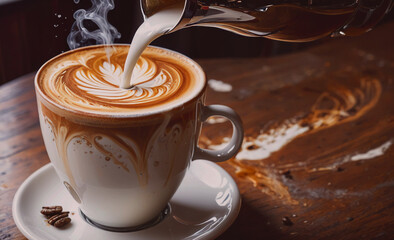 Aufkleber - A cup of coffee with milk poured into it. The coffee is hot and steam is rising from it. The cup is on a wooden table