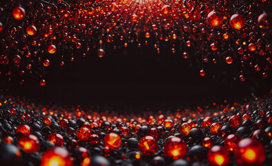 Poster - A black background with a red and black swirl of glowing orbs. The orbs are small and black, and the red ones are larger and glowing. The image has a mysterious and eerie feel to it