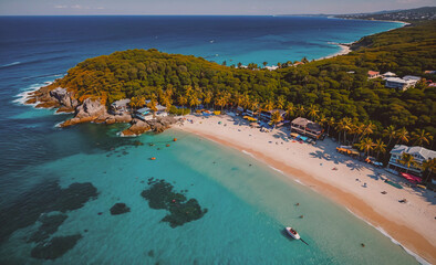 Fototapete - A beautiful beach with a clear blue ocean and palm trees. The beach is crowded with people enjoying the day