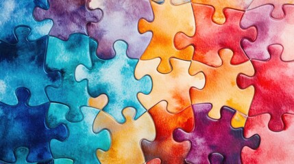 Poster - Interlocking puzzle pieces with a watercolor texture, symbolizing connection and diversity in a colorful, abstract design.