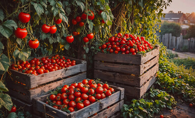 Aufkleber - Three wooden crates filled with ripe red tomatoes. The crates are placed in a garden setting, with the tomatoes hanging from the vines. Concept of abundance and freshness, as the ripe tomatoes are