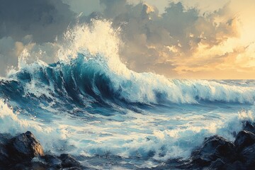 Poster - Dramatic ocean waves crashing against rocky shore at sunset, a powerful display of nature's energy.