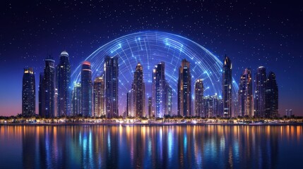 Poster - Information and communication technologies network and smart city concept with night skyscrapers landscape under glowing digital dome from illuminated lines