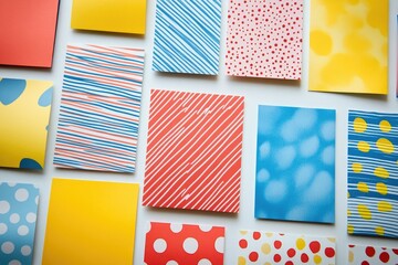 Poster - Collection of colorful patterned papers arranged on a white background.