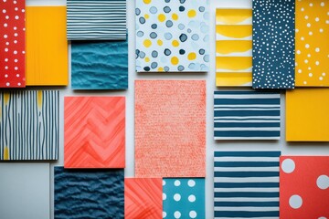 Aufkleber - Colorful abstract pattern of textured squares and rectangles with various geometric designs and polka dots.