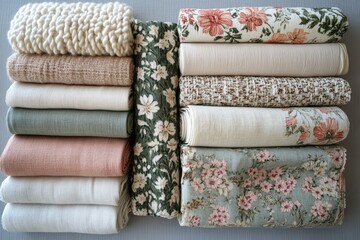 Poster - A collection of pastel-colored fabric rolls, showcasing various textures and floral patterns.