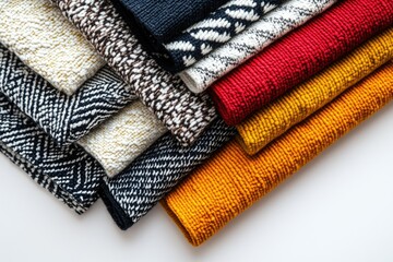 Poster - A stack of colorful woolen fabrics with various patterns and textures, showcasing a variety of home decor options.