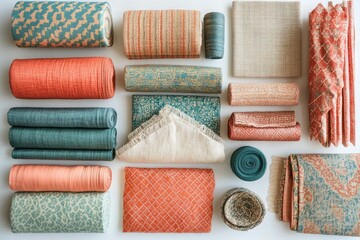 Poster - Collection of assorted fabrics in teal, coral, and beige tones, rolled and flat, showcasing various textures and patterns.