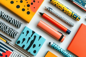 Poster - Colorful stationery items with abstract patterns arranged on a white background.