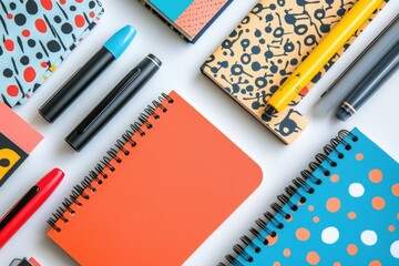 Poster - Colorful notebooks, pens, and markers arranged on a white surface.  A vibrant and organized workspace.