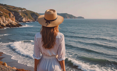 Fototapete - A woman wearing a straw hat stands on the beach looking out at the ocean. The scene is peaceful and serene, with the woman taking in the beauty of the ocean and the surrounding landscape