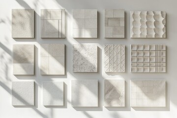 Aufkleber - Collection of sixteen textured light-colored tiles in various geometric and organic patterns.