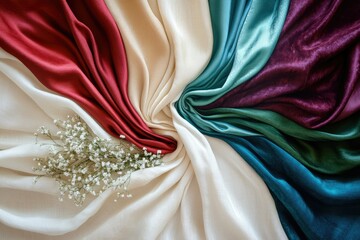 Poster - Swirling array of luxurious satin fabrics in diverse jewel tones, showcasing their rich textures and elegant drape.