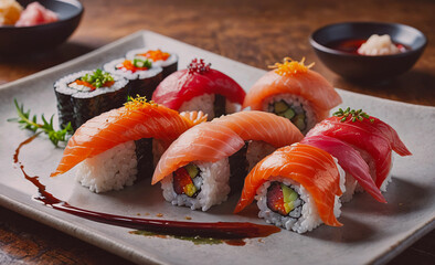 Poster - A plate of sushi with a variety of colors and shapes. The sushi is arranged in a way that makes it look appetizing and visually appealing