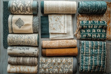 Poster - A curated collection of textile samples showcasing various patterns, colors, and textures in teal, beige, and gold.