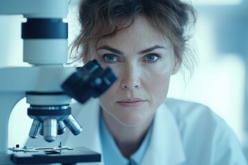 Aufkleber - A focused female scientist intently examines a sample under a powerful microscope, engrossed in scientific research.