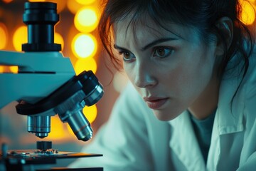 Aufkleber - A focused female scientist intensely examines a sample under a microscope in a lab setting.