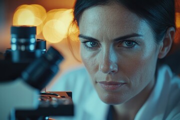 Aufkleber - A focused female scientist intently examines samples through a high-powered microscope in a laboratory setting.