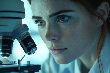 Poster - A female scientist intensely focused on microscopic research, showcasing dedication and scientific inquiry.