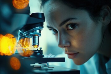 Aufkleber - A focused female scientist intensely examines a sample through a high-powered microscope in a laboratory setting.