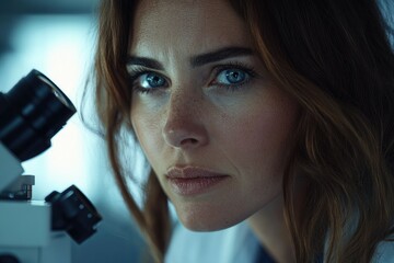 Poster - A focused female scientist intently observes through a microscope, engrossed in scientific research.