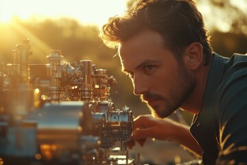 Poster - A focused young man meticulously examines intricate metallic machinery during golden hour, showcasing precision engineering.