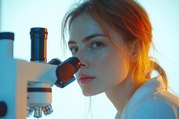 Aufkleber - A young female scientist intensely focuses on a microscope during research, showcasing dedication and scientific inquiry.