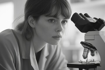 Aufkleber - A focused female scientist intently peering through a microscope, engrossed in scientific research.