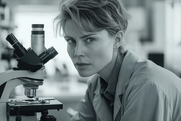 Aufkleber - A female scientist intently examines a sample through a microscope in a laboratory setting.