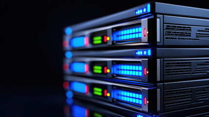 Poster - High tech server racks with glowing lights and indicators