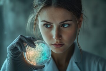 Aufkleber - A female scientist intently examines a petri dish containing a glowing bacterial or cell culture, conducting crucial research in a laboratory setting.