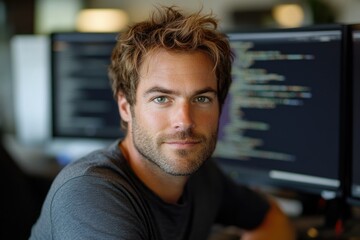 Fototapete - A young, attractive man with light brown hair sits in front of computer screens displaying code.