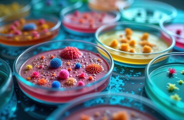 Poster - Colorful petri dishes filled with various microorganisms under super macro zoom in lab setting. Different types of bacteria protozoa algae, fungi shown in vibrant colors. Microbes displayed in petri