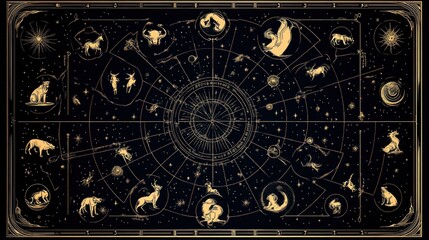 Wall Mural - Celestial Zodiac chart with constellations and stars on dark background.