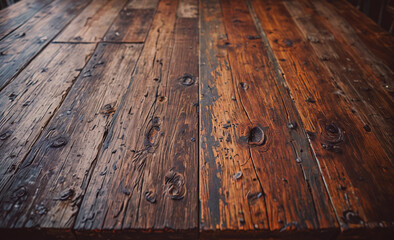 Poster - A wooden table with a lot of wood grain and a lot of holes. The table is empty