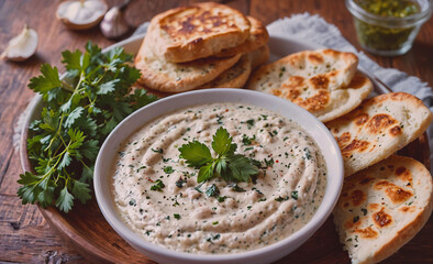 Poster - A bowl of white dip with parsley on top sits on a wooden tray. There are also some bread pieces on the tray