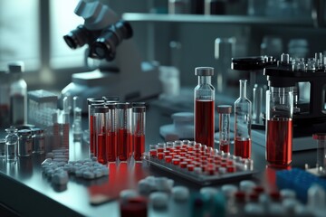 Leinwandbilder - Laboratory setting showcasing various glassware and instruments filled with red liquid during a scientific experimentation process. Generative AI