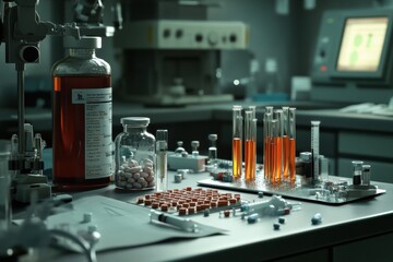 Leinwandbilder - Laboratory setting with various test tubes and chemical solutions on a workbench during evening hours. Generative AI