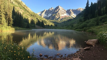 Sticker - Maroon Bells reflected in calm lake at sunrise.