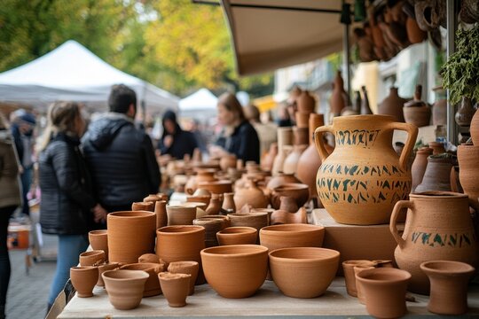 Handmade clay products showcased in busy local market with customers exploring options