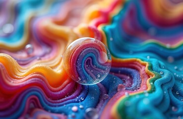 Poster - Abstract macro photo of colorful soap bubbles. Rainbow colors blend into wavy patterns. Water droplets add texture. Clear sphere sits within colorful structure. Intricate details of surface show