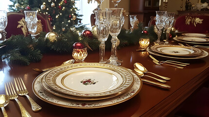 Elegant table setting with gold accents and seasonal decor