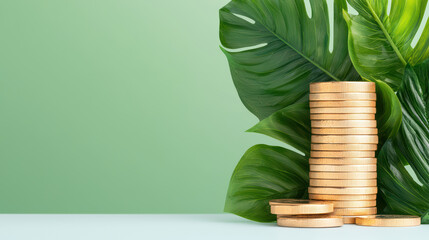 Wall Mural - Stacked coins beside green leaves symbolize financial growth