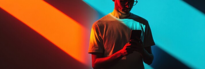 Aufkleber - Man using smartphone under colorful lighting at indoor location during evening. Generative AI