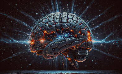 Aufkleber - A brain with a lot of damage and a lot of sparks coming out of it. The brain is surrounded by a lot of light and it looks like it's in a sci-fi movie
