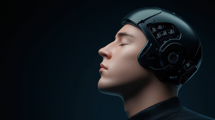 Poster - futuristic humanoid with sleek helmet, showcasing advanced