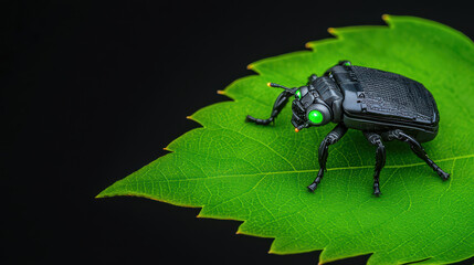 Poster - Futuristic robotic insect on vibrant green leaf